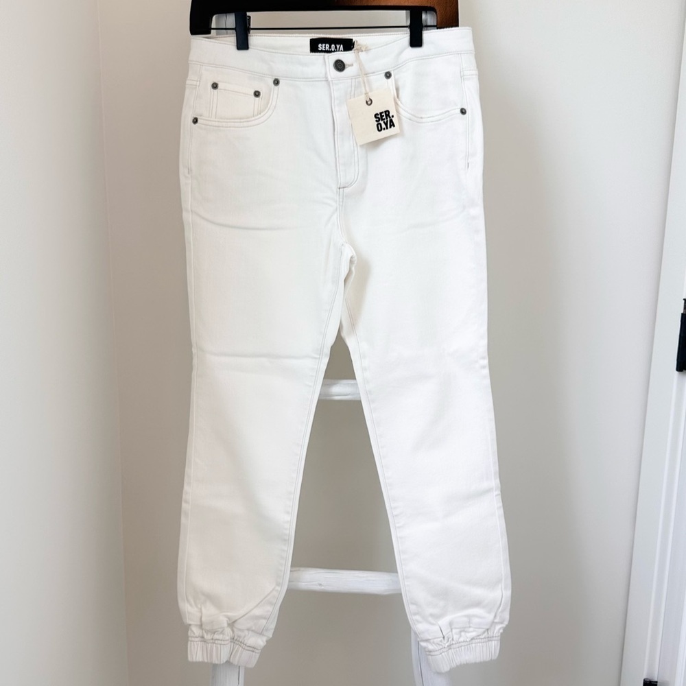 Ser.O.Ya Men’s Dakota Fitted Denim Jogger Pants Jeans Cream Sz 31”